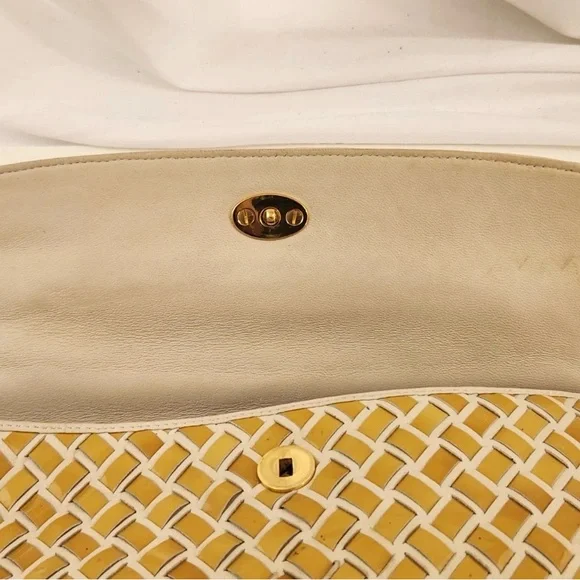 Bally Hand Bag Top Handle Braided Leather Purse Turn Lock Cream and Yellow - Picture 12 of 14